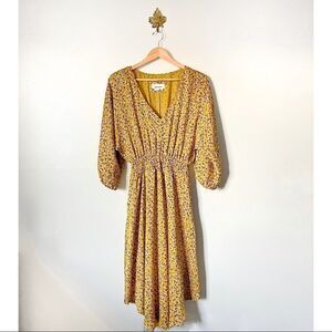 Anthropologie Marigold Yellow Vneck Midi Dress Smocked waist Medium